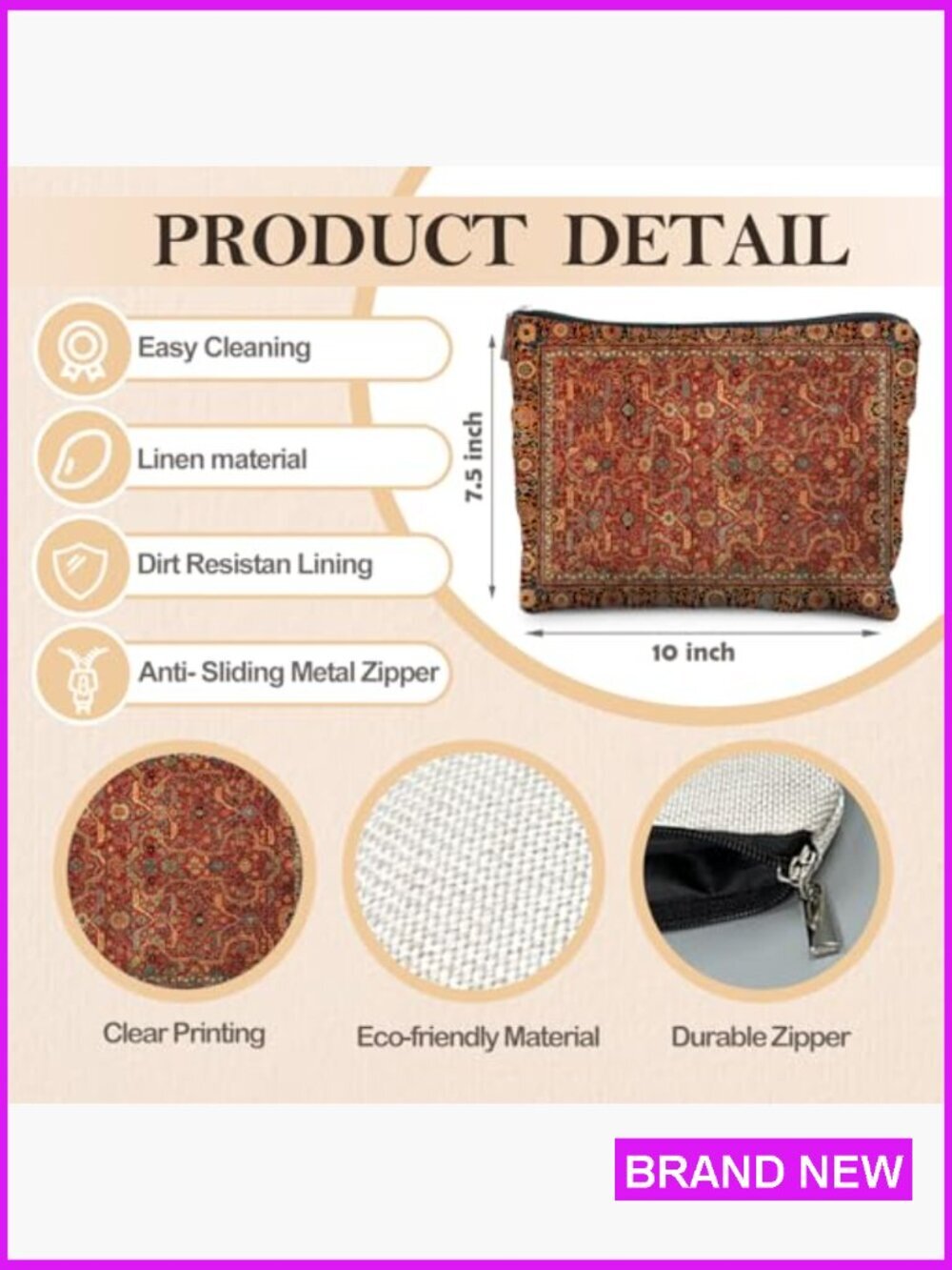 Vintage Boho Ethnic Pattern Cosmetic Bag Linen Makeup Organizer Zipper Closure - Picture 3 of 6